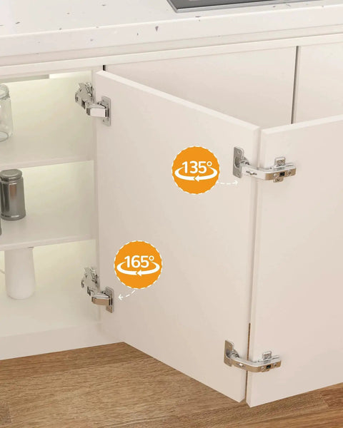 Two Pair 135 Degree and 165 Degree Corner Cabinet Hinges Kit installed on white pie corner cabinet doors in kitchen