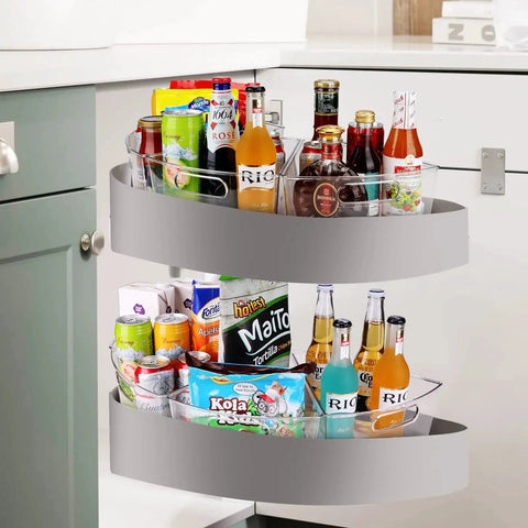 Lazy Susan Corner Cabinet Organizer Bins Set For 26 To 28 Inch Diameter Turntable Clear Plastic Storage Bins with snacks