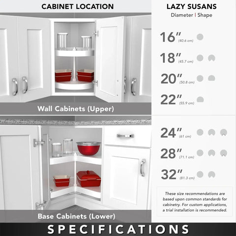 32 Inch Kidney Shaped Dual Tier Lazy Susan Organizer For Corner Base Kitchen Cabinets In White Polymer With Telescoping Shaft And Mounting Hardware installed in a kitchen cabinet