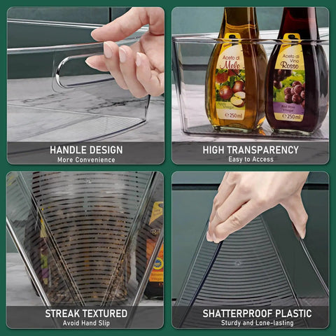 Corner Lazy Susan Cabinet Organizer Bins showing handle, transparency, texture, and shatterproof design.