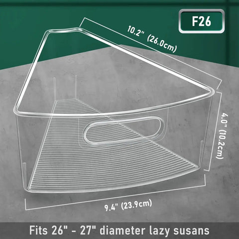 Diagram of clear plastic wedge bin for 26"-27" lazy susan, dimensions, fits Corner Lazy Susan Cabinet Organizer Bins For 26 28 And 32 Inch Diameters BPA Free Food Safe Plastic Storage Bins With Non Slip Pads One Eighth Inch Wedge Design Ideal For 26 Inch Diameter Assemblies Six Pack.