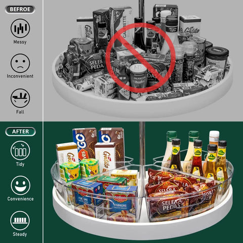 Before and after using Corner Lazy Susan Cabinet Organizer Bins for 26 28 and 32 Inch Diameters BPA Free Food Safe Storage.