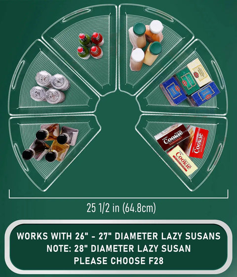 Corner Lazy Susan Cabinet Organizer Bins For 26 28 And 32 Inch Diameters with BPA Free Plastic, showing a six-pack setup with various items.
