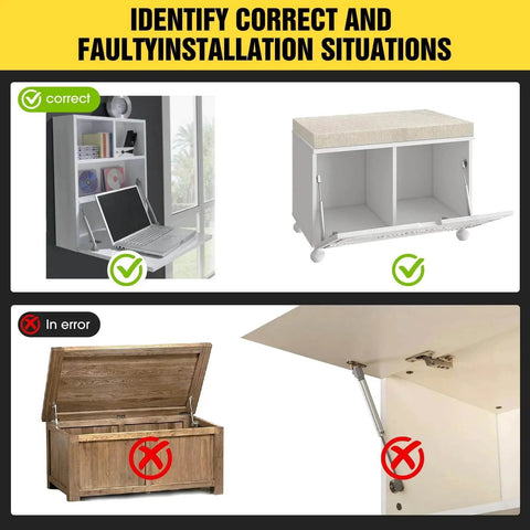 Instructions for installing Drop Down Gas Struts, Gas Spring Hinge with 90 Degree Page Turning Axis on cabinets correctly and incorrectly.
