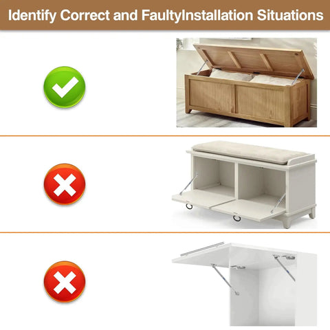 Installation guide displaying correct and incorrect setups for Two Pack Soft Close Toy Box Hinges With 150N Gas Strut For Heavy Curved