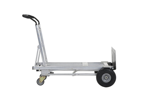 Side view of ✝️ COSCO 4-in-1 Folding Series Hand Truck with Flat-Free Wheels, showing metal frame and wheel design.