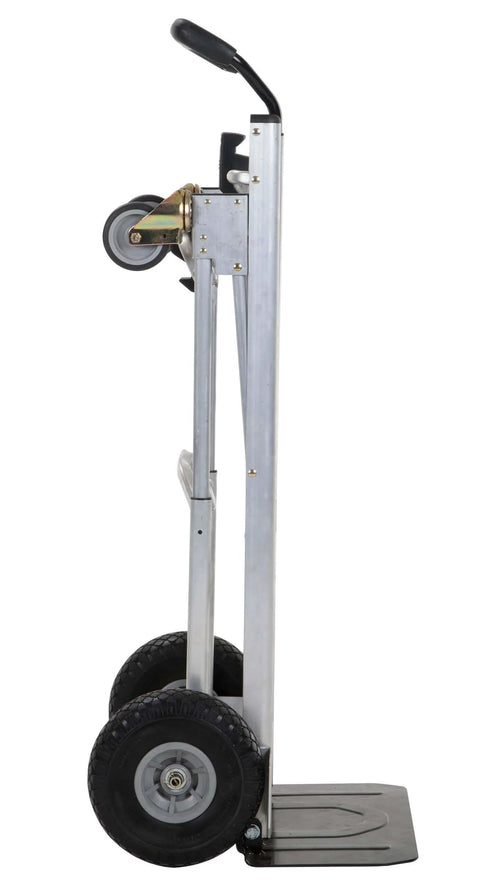 Side view of ✝️ COSCO 4-in-1 Folding Series Hand Truck with Flat-Free Wheels, silver frame, black wheels, and handle.