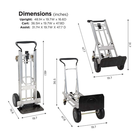 COSCO 4-in-1 Folding Series Hand Truck with Flat-Free Wheels in various positions showing dimensions and size details.