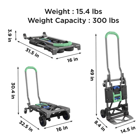 COSCO Shifter Multi-Position Folding Hand Truck and Cart, 300 lb. Weight Capacity, Green, 12222PBG1E dimensions and folding positions