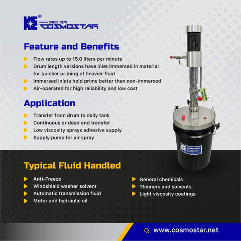 COSMOSTAR P0204 2:1 Air Operated Pneumatic Oil/Chemical Transfer Pump with features and applications, ideal for 5-gallon drums.