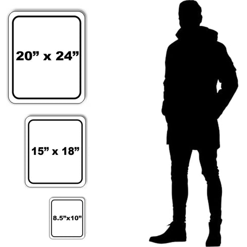 Warning Sign For Costume Malfunctions And Emergency Repairs Yellow And Black Aluminum Composite Durable Rust Resistant Stage Ready Safety Sign Available In Three Size Options 20 By 24 Inches For Theater Or Event Use with three size comparisons next to silhouette.