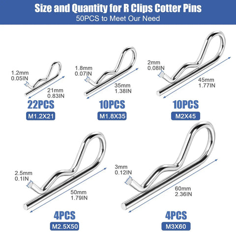 Fifty Pcs Cotter Pin Assortment Kit With Heavy Duty R Clips For Trailers Lawn Mowers Trucks Mechanics And DIY Projects Zinc Plated Steel Rust Resistant UV Safe Spring Fasteners And Hitch Pin Hardware labeled with sizes and quantities.