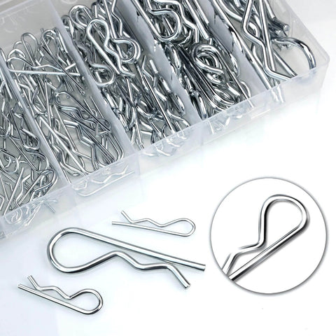 150 Pcs Cotter Pin Assortment Kit With R Shape Hitch Pin Clips, Heavy Duty Zinc Plated Alloy Steel Reusable Pins For Tractor, RV Owners, Mechanics, Lawn Mowers, And More, Six Sizes Included shown in organized compartments with sample clips displayed.