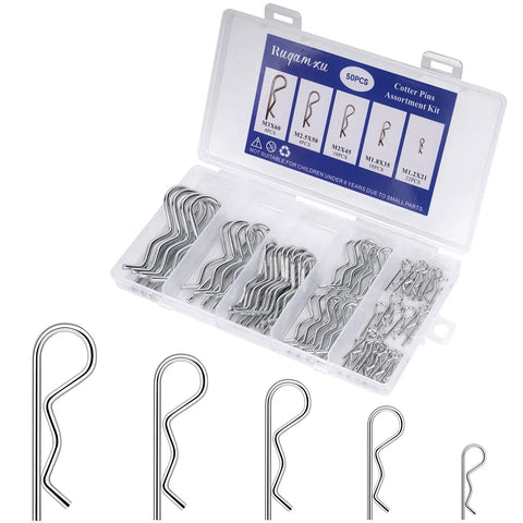 Fifty Pcs Cotter Pin Assortment Kit With Heavy Duty R Clips for trailers, lawn mowers, trucks. Zinc plated steel in organizer box.