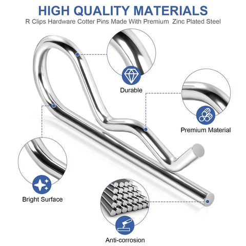 Close-up of Fifty Pcs Cotter Pin Assortment Kit With Heavy Duty R Clips For Trailers Lawn Mowers, zinc plated steel, UV safe.