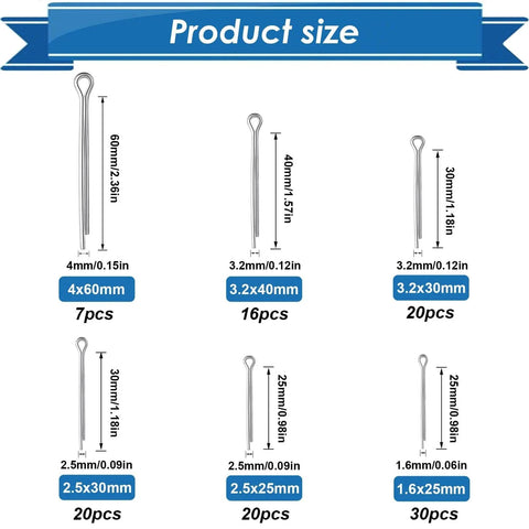 Product size chart for 304 Stainless Steel Cotter Pin Assortment Kit 13 Sizes Cotter Pins And R Clips For Hitch Pin Lock Systems