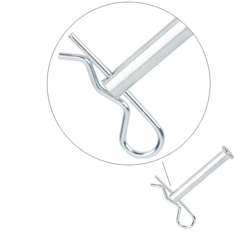 Close-up view of a heavy-duty spring clip from 48 Piece Cotter Pin Set Kit With Five Sizes R Clips Retaining Pins For Automotive Machinery Hand Trucks Hitches And Other Fasteners Pro Grade Heavy Duty Spring Clips For Tractor Trailer Equipment.