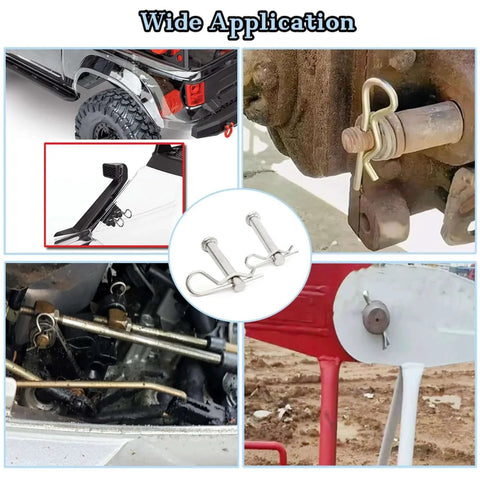25pcs Cotter Pins, R Clips Hardware Pins, Spring Fasteners Hitch Pin shown in various applications for trailers, vehicles, and lawn mowers
