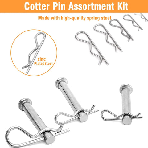 Image of Go To Cotter Pins Set 30 Pieces In 5 Sizes From M1X16 To M3X65 Heavy Duty Steel Premium Quality For Trailers And Trucks Hitch Pins R Clips Wheel Pins And Locking Pins Durable Easy Fit Versatile Hardware Essential showing different sizes of zinc-plated steel cotter pins and spring steel pins from the assortment kit.