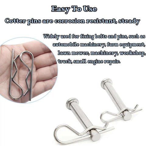 25pcs Cotter Pins, R Clips Hardware Pins, Spring Fasteners Hitch Pin for Trailer Locking in hand and on surface