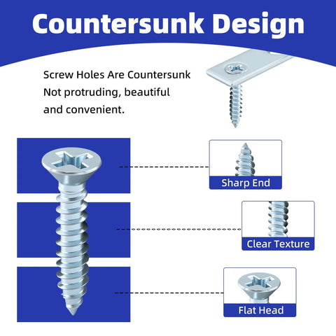Close-up of screw with flat head and sharp end showing countersunk design, for 40 Pack L Bracket Corner Braces with Zinc Plated HOME MASTER HARDWARE.