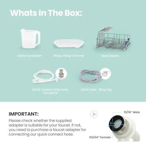 Contents of Compact countertop dishwasher box: water container, filling channel, bowl basket, connectors, and hoses.