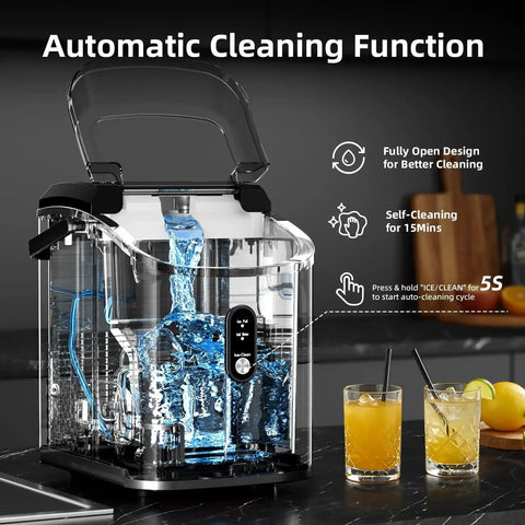 Compact countertop nugget ice maker delivers soft, chewable ice in a 10-minute batch with auto-clean cycle, shown on counter.
