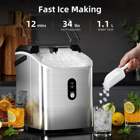 Compact countertop nugget ice maker delivers soft, chewable ice in a 10-minute batch, producing up to 34 lb per day with scoop.