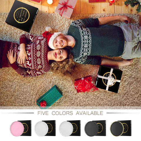 Couple lying on carpet with Christmas gifts and cosmetics box, five colors available shown underneath.
