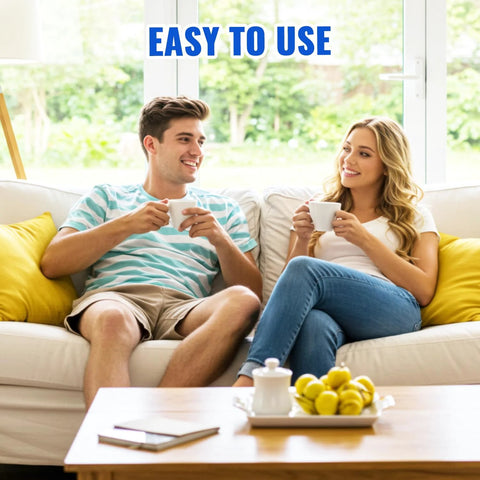 Weather stripping door draft stopper and window seal by Amazon; couple relaxing on sofa with yellow cushions.
