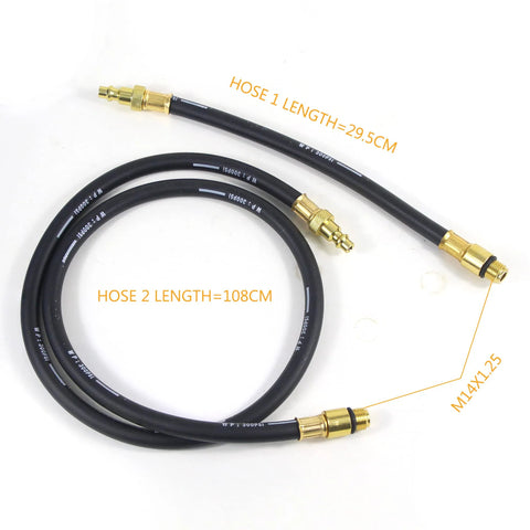 Automotive leak-down tester kit with two brass hoses (29.5 cm and 108 cm) and M14x1.25 fittings