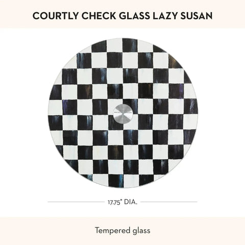 Mackenzie-Childs Glass Lazy Susan 360 Degree Rotating Serving Board In Black And White Courtly Check on white background.