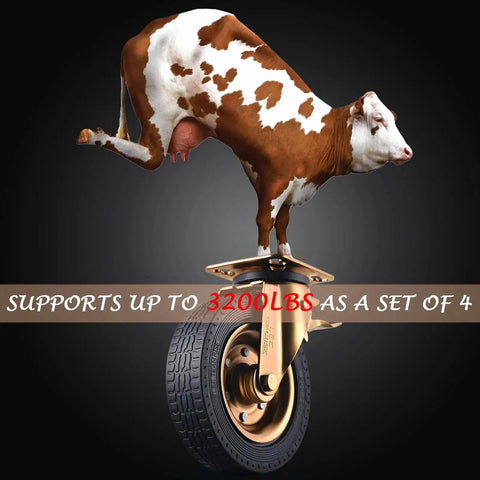 Cow balancing on a caster wheel demonstrating weight capacity, 8 Inch Heavy Duty Casters Set Of 4 With 2 Locking Swivel And 2 Non Locking Swivel 3200 Lbs Capacity Large Solid Rubber Wheels For Workbench Cart Trolley Wagon And Chicken Coop Industrial Plate Mount