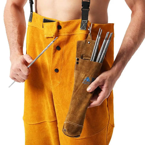 Person holding welding rod with Split Cowhide Leather Welding Rod Bag With Flame Resistant Electrode Pouch, 3.5 x 14 inch, black AllyProtect.