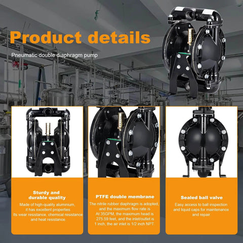 Cozyel Air-Operated Diaphragm Pump Double Diaphragm Pump 1 inch Inlet & Outlet, displayed with product details in industrial setting.