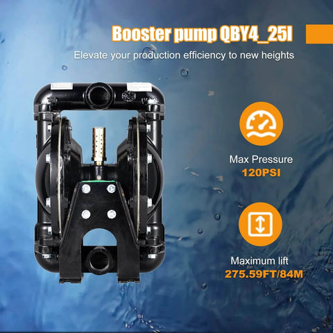 Cozyel Air-Operated Diaphragm Pump QBY4-25L, dual diaphragm air pump, 1 inch inlet & outlet, 120 PSI max pressure, water background.