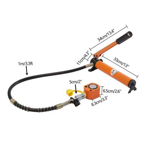 CP-700 Hydraulic Manual Pump with dimensions, orange steel body, for industry construction applications.