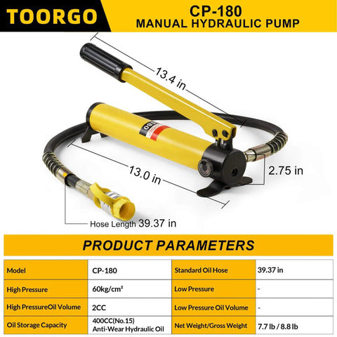 Heavy Duty Hydraulic Hand Pump CP 180 Manual Lift Pump with hose and measurements shown