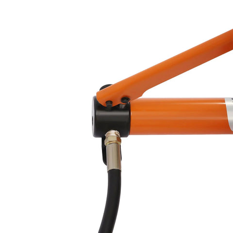 Side view of CP-700 Hydraulic Manual Pump, showing connection hose and part of the orange handle for industry construction use