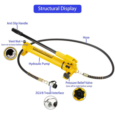 SLIYXTWIO CP-700 Hydraulic Hand Power Pump diagram with annotations, showing anti-slip handle, vent nut, and hose attachment