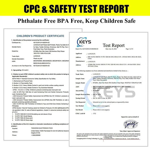 CPC and safety test report for 50 Balls Soft Plastic Ball Pit Balls for Kids, detailing phthalate-free, BPA-free materials and safety certification.