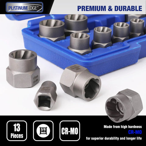 Impact Bolt And Nut Remover Set, 13 pieces with CR-MO extractors, shown with storage case for rusted bolts and nuts.