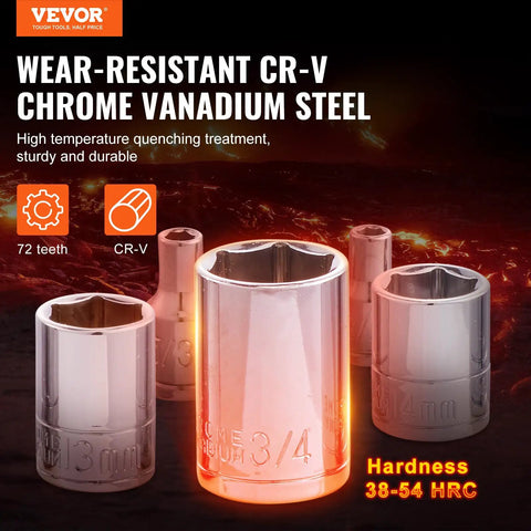 Premium Mechanics Tool Set With Deep And Standard Sockets in chrome vanadium steel showing 3/4 marked socket