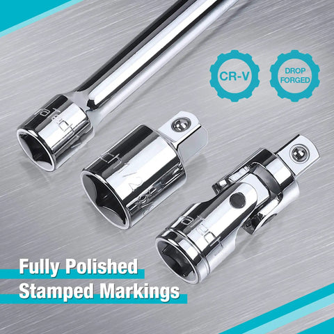 Close-up of chrome 22 Piece Drive Tool Accessory Set With One Quarter Inch, Three Eighths Inch, And One Half Inch Extension Bars Spark Plug Sockets Universal Joints Socket Adapters And Cr V Steel Tools In An EVA Foam Case Built Tough For Pros.