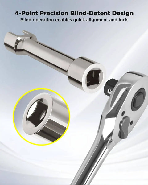 Close-up of a nickel-plated One Half Inch Drive Strut Channel Impact Socket Five Inch Deep Cr-V with 12-point design.