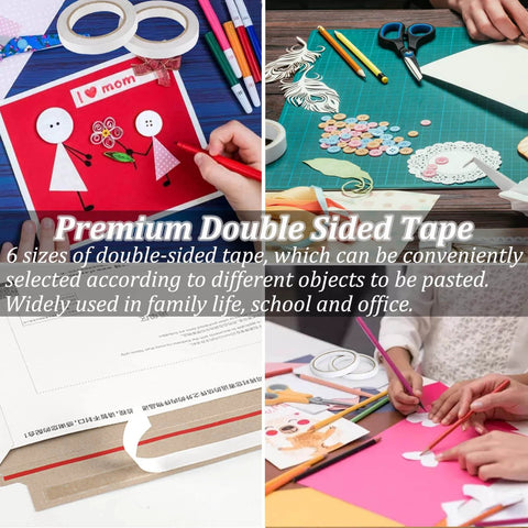 Six Roll Multi Size Double Sided Craft Tape Set For Scrapbooking Card Making Gift Boxes Arts And Photography Ultra Sticky Tape Gift Wrapping Paper Backing Translucent Cotton Paper Layer shown with crafts and projects