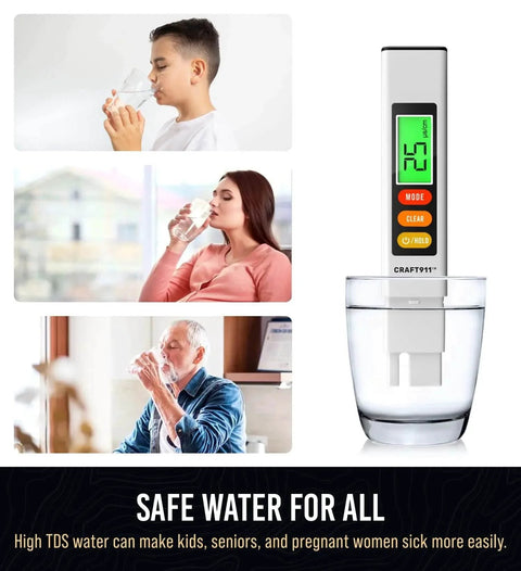 Craft911 Water Tester for Drinking Water- TDS Meter displayed with people drinking water