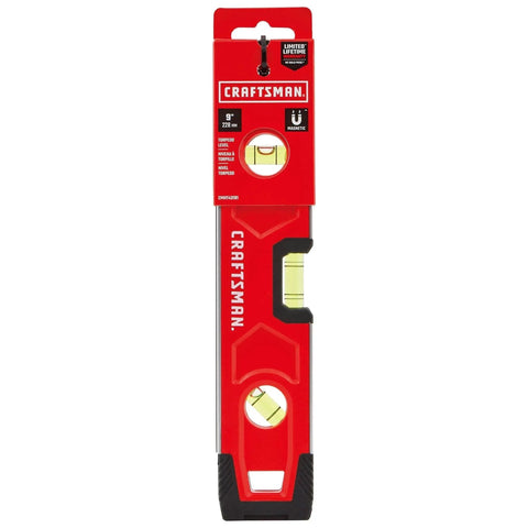 Torpedo Level, Magnetic, 9 inch (CMHT43191) with Craftsman branding, 3 vials, and magnetic base, packaged front view.