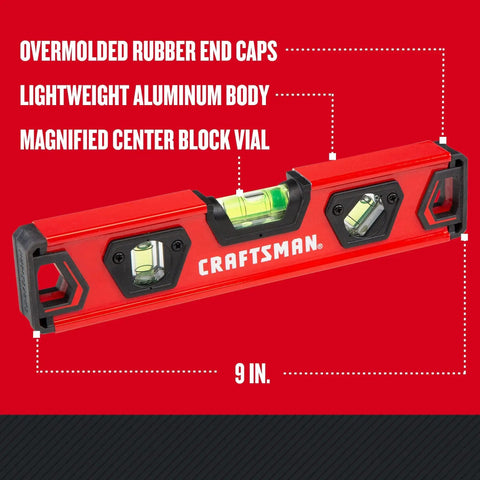 Torpedo Level 9 Inch With Shock Absorbing End Caps For Accurate Layouts And Framing, Lightweight Aluminum Body, Three Vials