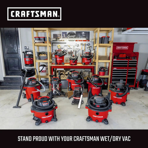 Lineup of Craftman wet/dry vacs in a workshop setting, showcasing various models on display, with shelves and tools.
